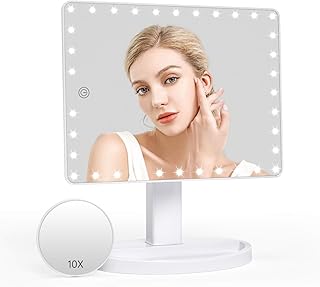 Grande Specchio per il Trucco con Luci Specchio per Trucco Illuminato da 14,5 Pollici con 35 Luci a LED Lente di Ingrandimento 10x Ruotabile di 180/360 con Touch Screen per Specchio Cosmetico (Bianco)