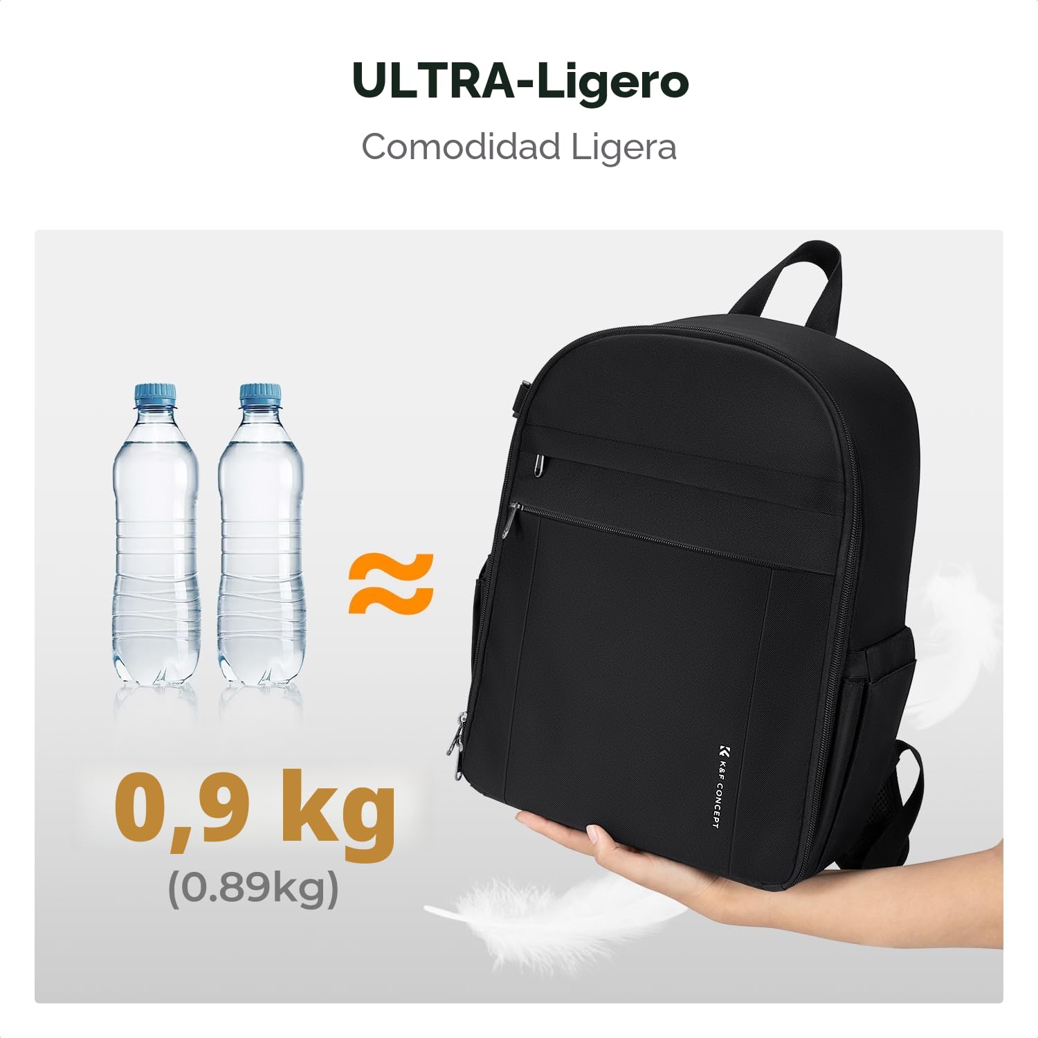 K&F CONCEPT Mochila Camara Fotos 13L, Ligera e Impermeable, Camera Bag, Mochila de Cámara, Compatible con Sony Canon Nikon, Incluye Bolsillos Frontales y Porta Trípode, Negro Mate