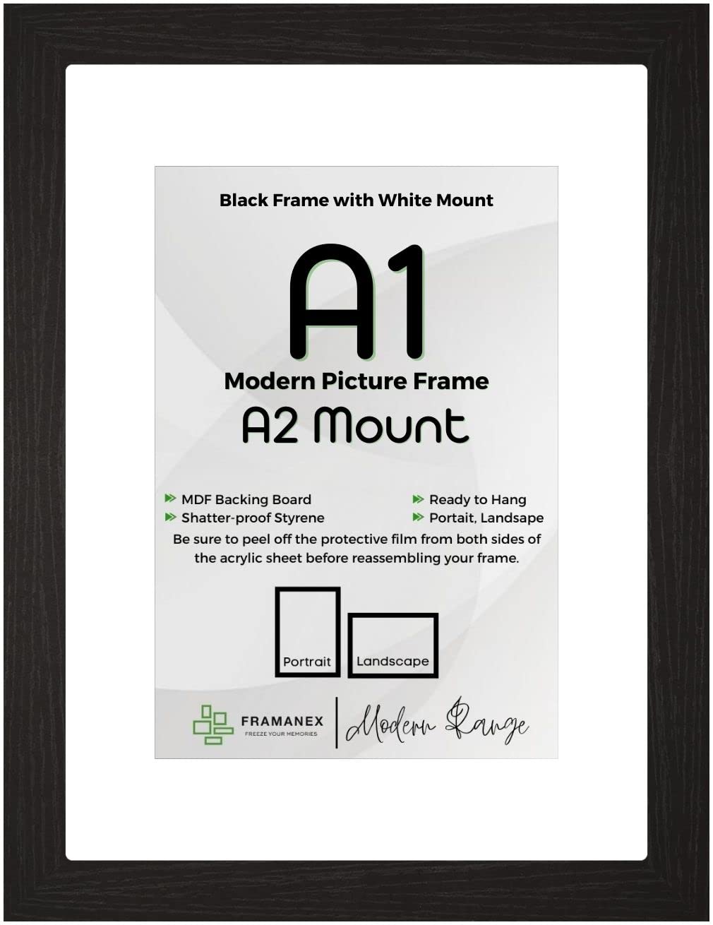 Framanex Black Large A1 Picture Poster Frame Size 23.4 X 33.1 Inch, 59.5 X 84.1Cm, 594 X 841Mm With White Mount To Fit Image Print Size A2, 16 X 24 Inches, 42 X 60Cm, 420 X 600Mm [ A1/A2 Frame]