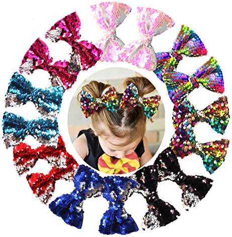 16PCS 5Inch Reversible Sequin Bows with Alligator Hair Clips Sparkly Sequin Glitter Pigtail Hair Bows for Girls Toddlers Kids Children in Pairs