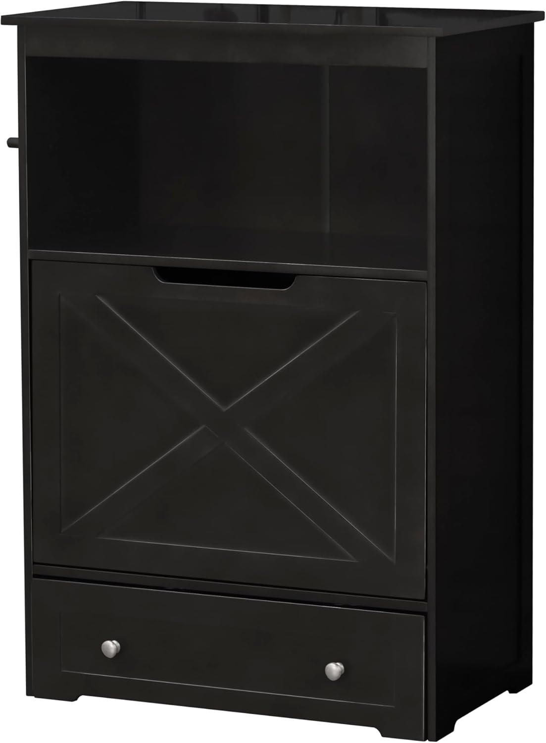 zoovilla Pet Feeding Station Furniture with Storage, Stylish Pet Food Cabinet with 2 Pull-Out Elevated Bowls, Tilt-Out Open Shelf Storage with 3 Hangers, Black.
