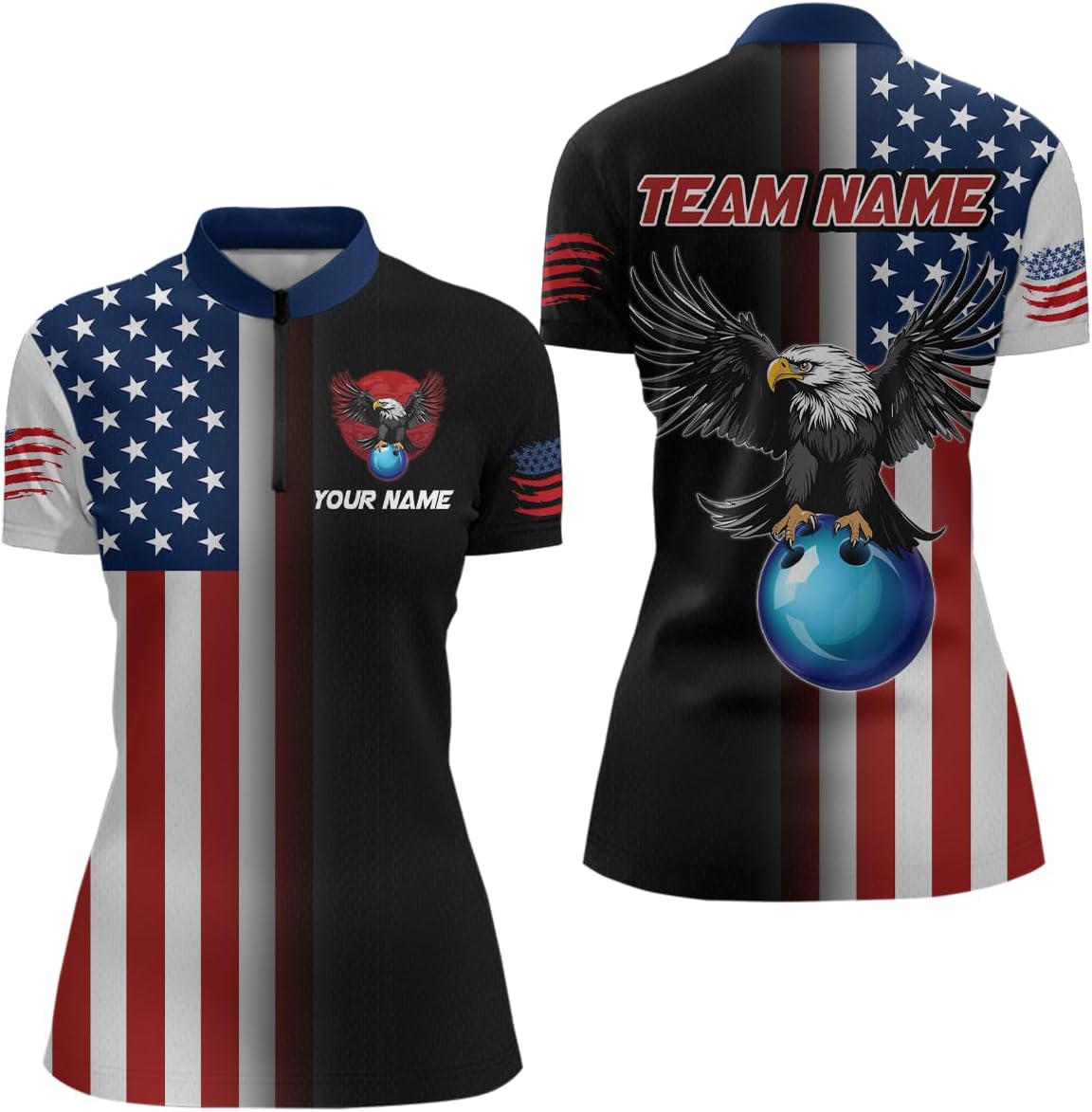 Eagle Bowling Shirt Custom American Flag Bowling Shirts for Women Men Patriotic Team Bowling Polo Shirt Quarter Zip