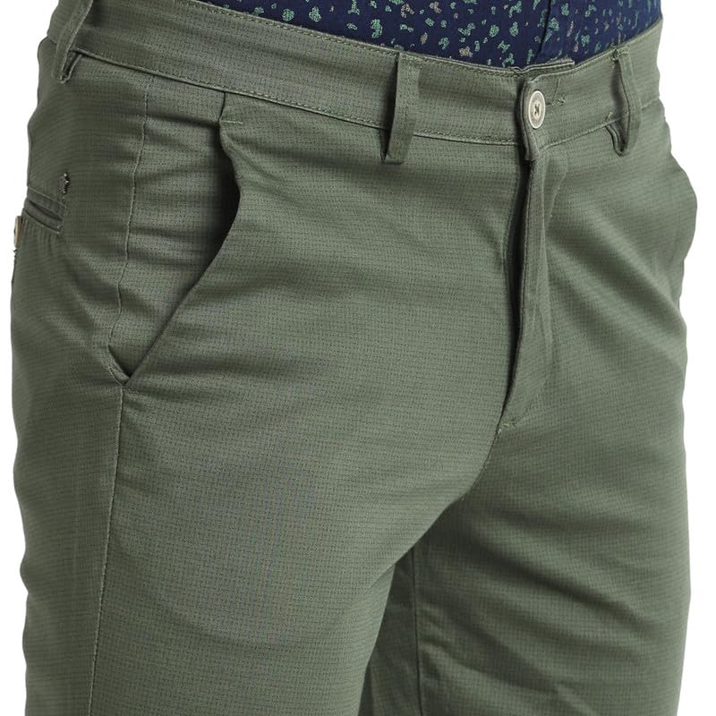 Image of Turtle Men Cotton Stretch Olive Printed Narrow Fit Flat Front Casual Trouser