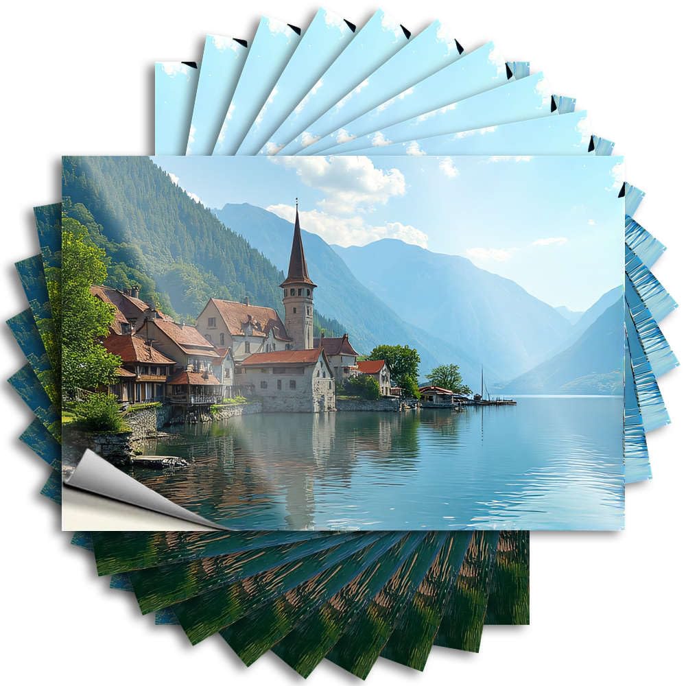 Bumper At Home Decor Easy Apply | A Picturesque Lakeside Village with Historic Architecture Nestled Positive Laptop Peel and Stick(8X12CM)