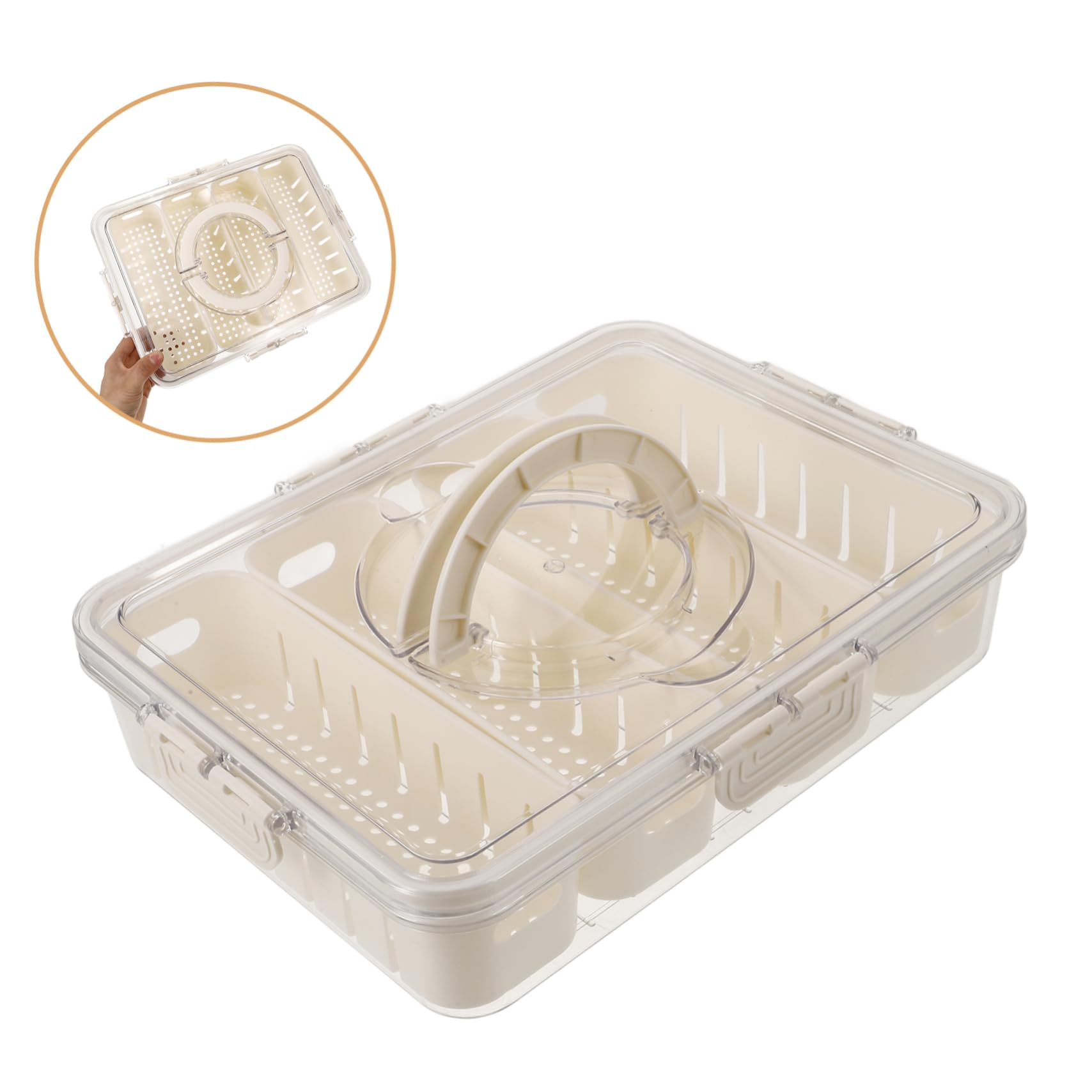 LIFKOME Caja Organizadora para Verduras y Frutas Engrosada Pet, Compartimentos Divididos, Tapa Hermética, para Refrigerador y Congelador, Uso Doméstico y Picnic, 4 Compartimentos Asa Portátil