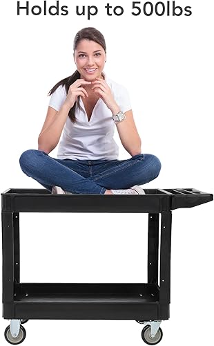 Miniatura 7 de Carrito de servicio de 2 estantes, mango de almacenamiento, capacidad de 500 libras, para almacén/garaje/limpieza/fabricación, 45 x 25 pulgadas