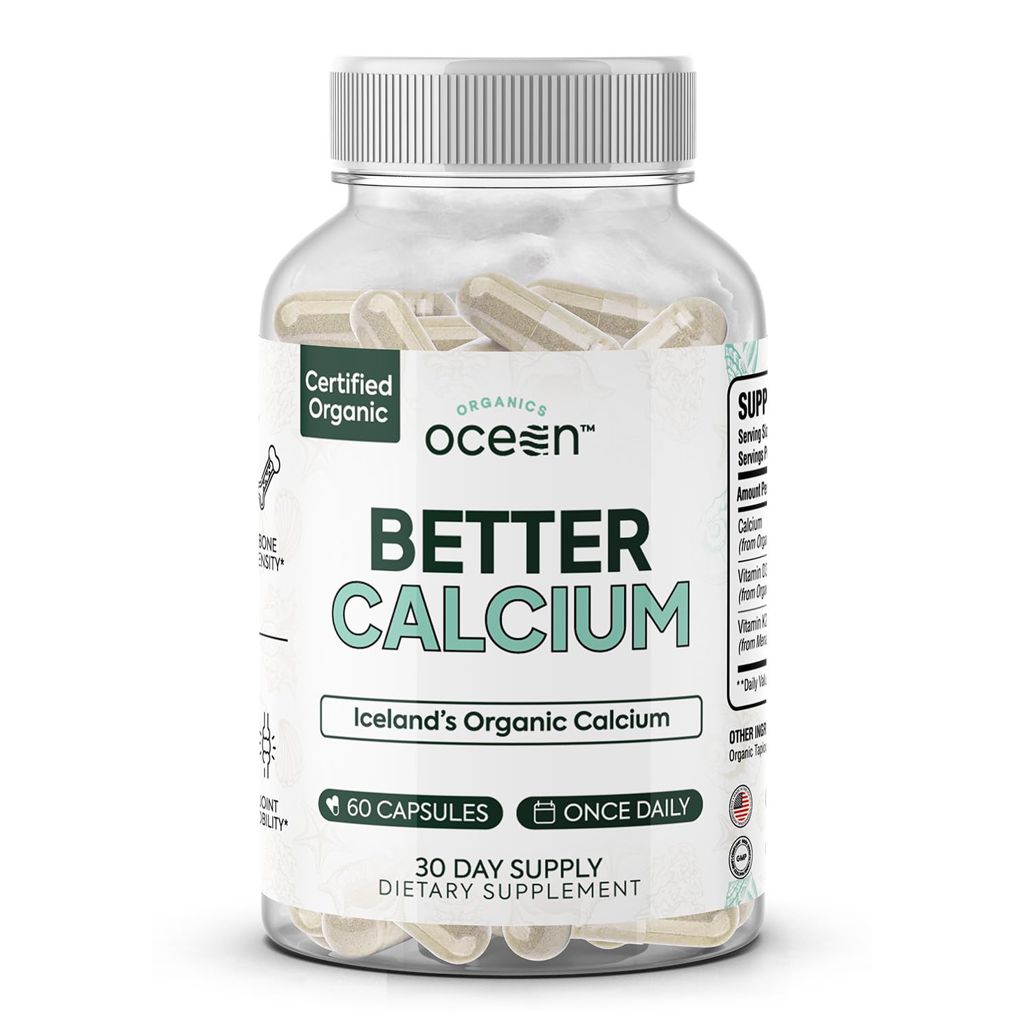 Organics Ocean Better Calcium Red Algae-Derived with D3 & K2, 1 Pack 60 Count (Pack of 1)