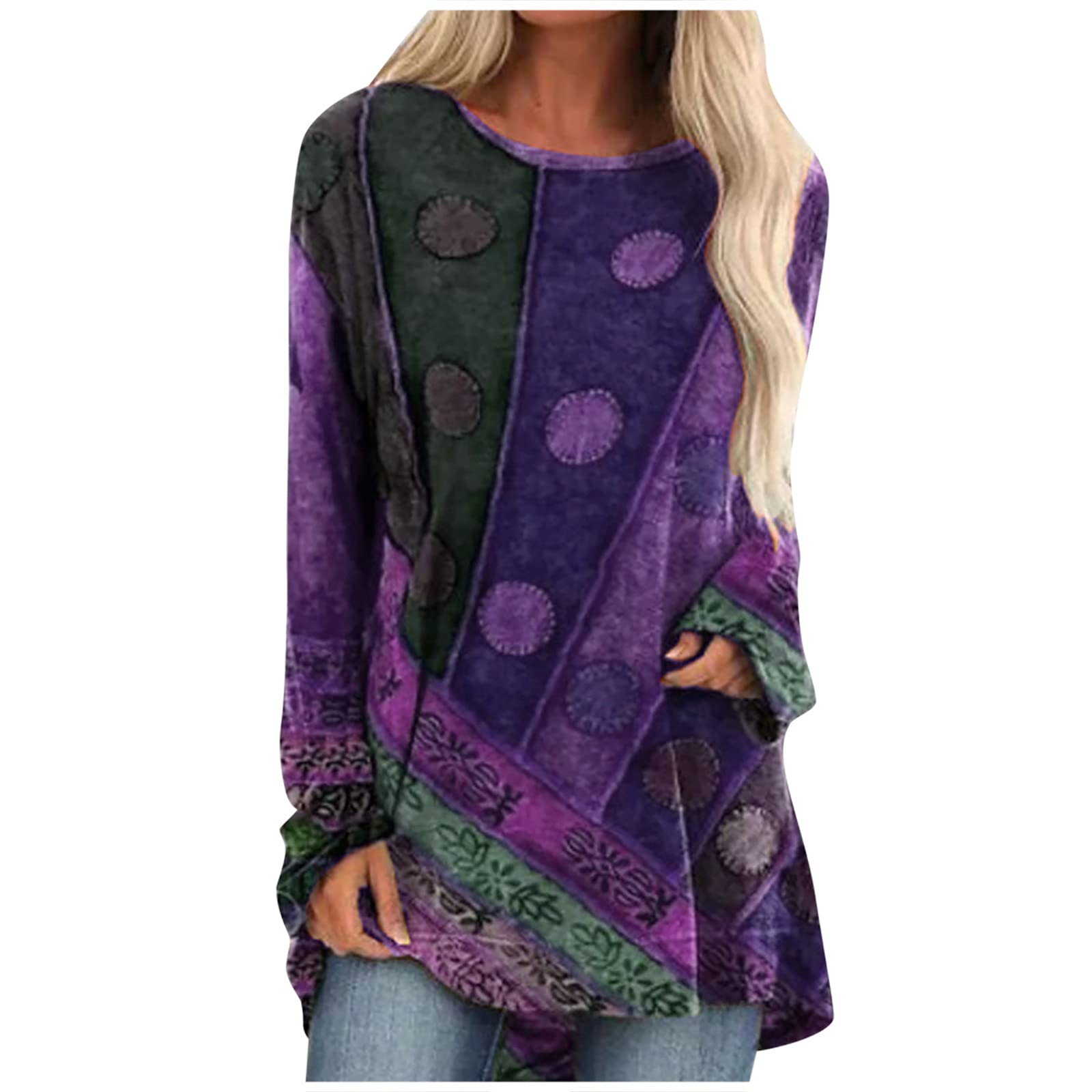 Top a tunica da donna, vestibilità ampia, vestiti eleganti per leggings camicie autunnali a maniche lunghe girocollo pullover camicette, Da-viola, Medium