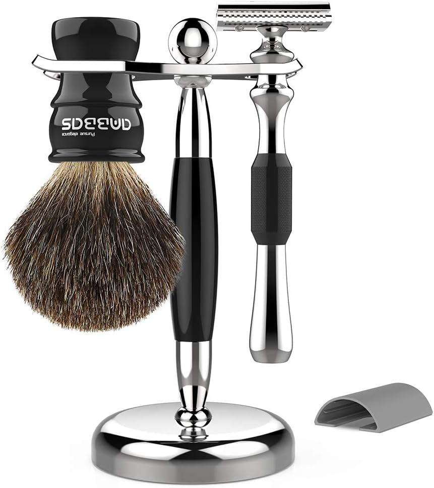 Badger Shaving Brush Set, 3in1 Razor and Brush Stand Stainless Steel,Double Edge Safety Razor with Protective Cover,Pure Badger Brush Quality Resin Handle for Men Women Wet Shave Hair Removal