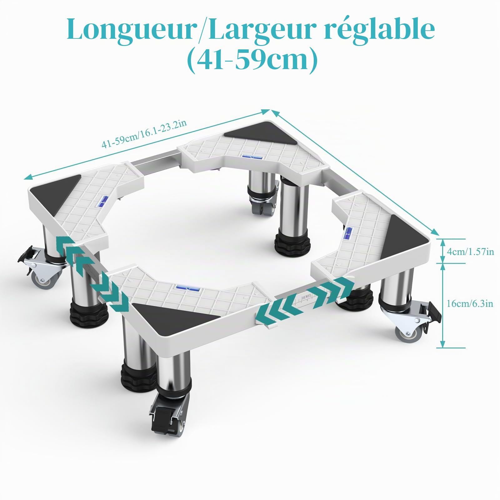 DEWEL Base de Réfrigérateur Réglable longueur 41–59 cm hauteur 16-20 cm Base de Réfrigérateur pour Sèche-linge Frigo Lave-vaisselle avec 4 pieds et 4 roues, Charge 300 kg