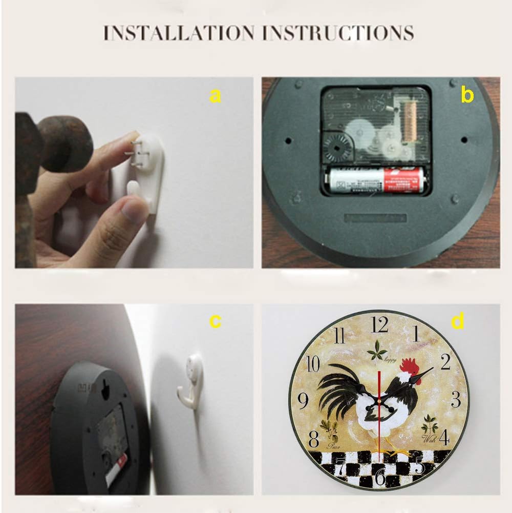 Yeyo Rooster Wall Clock European Style Old Fashion Elegance Vintage Wall Clock MDF Wooden Art Decor for Home Decoration (12inch, Style 10)