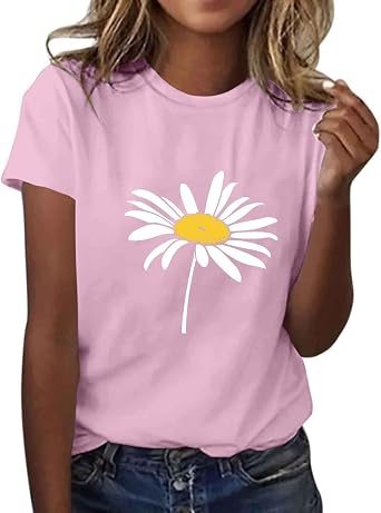 Womens Daisy Flower Graphic Tee Shirt Casual Short Sleeve Crewneck Summer Tops Cute Minimalist Floral Print T Shirt