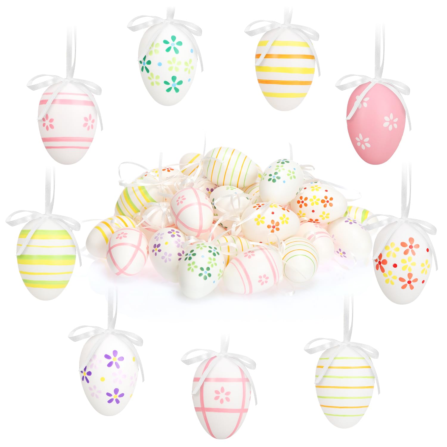 com-four® 36x Hand-Painted Easter Eggs to Hang Up - Pastel-Coloured Easter Decorations with Great Patterns - Decorative Easter Eggs with Ribbon - 6 cm
