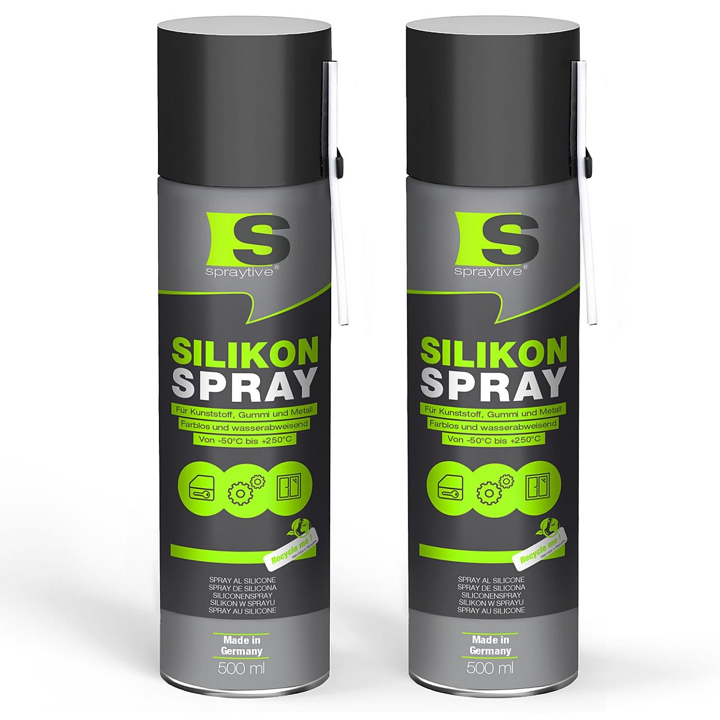 Spraytive 2 x 500ml Silikonspray - Schmiermittel & Gleitspray für Auto, Gummi, Kunststoff & Metall - Farblos, wasserabweisend, rückstandsfrei - von -50 °C bis +250 °C - Made in Germany