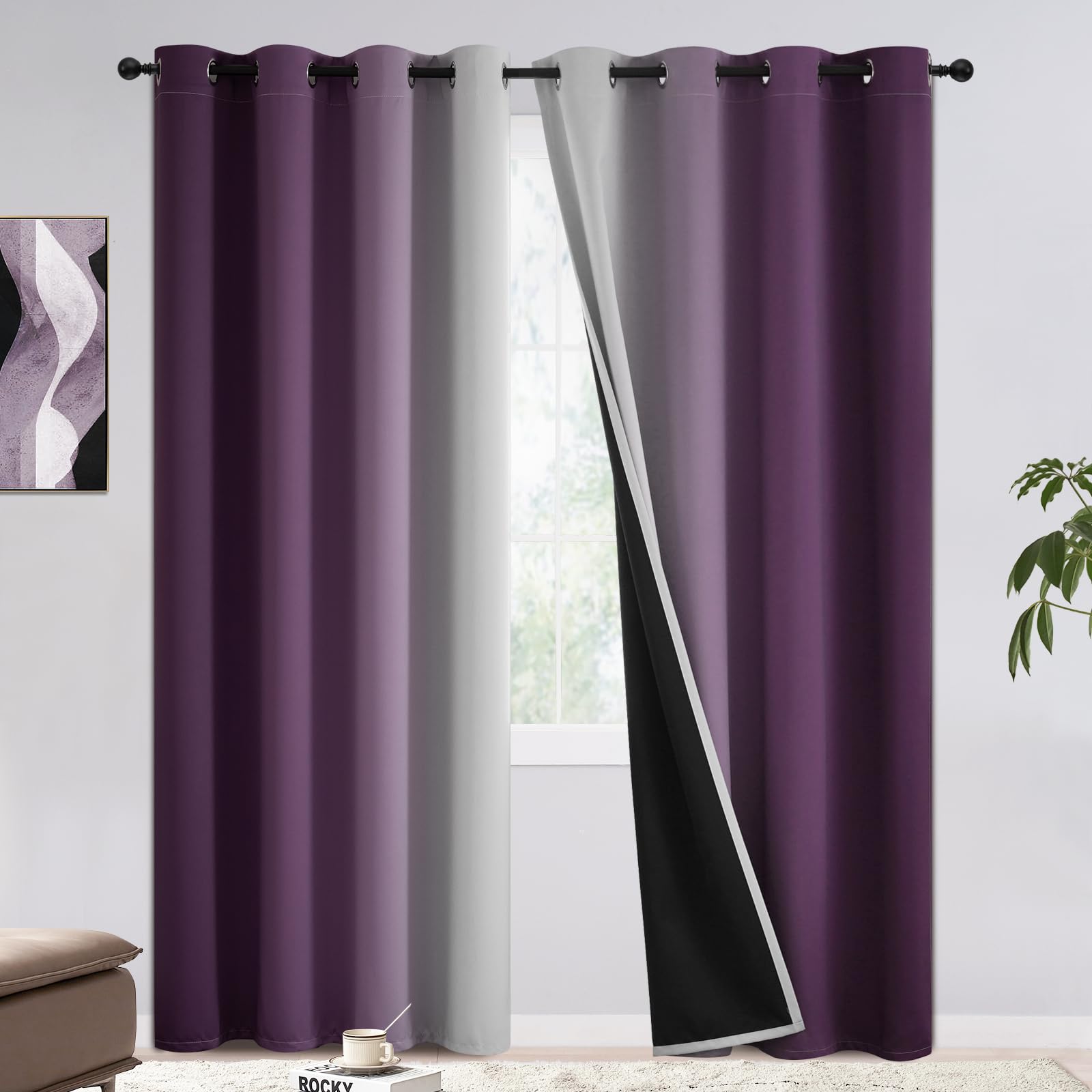 COSVIYA 100% Blackout Curtains & Drapes Ombre Purple Curtains 90 inches Long 2 Panels Set, Full Room Darkening Grommet Gradient Insulated Thermal