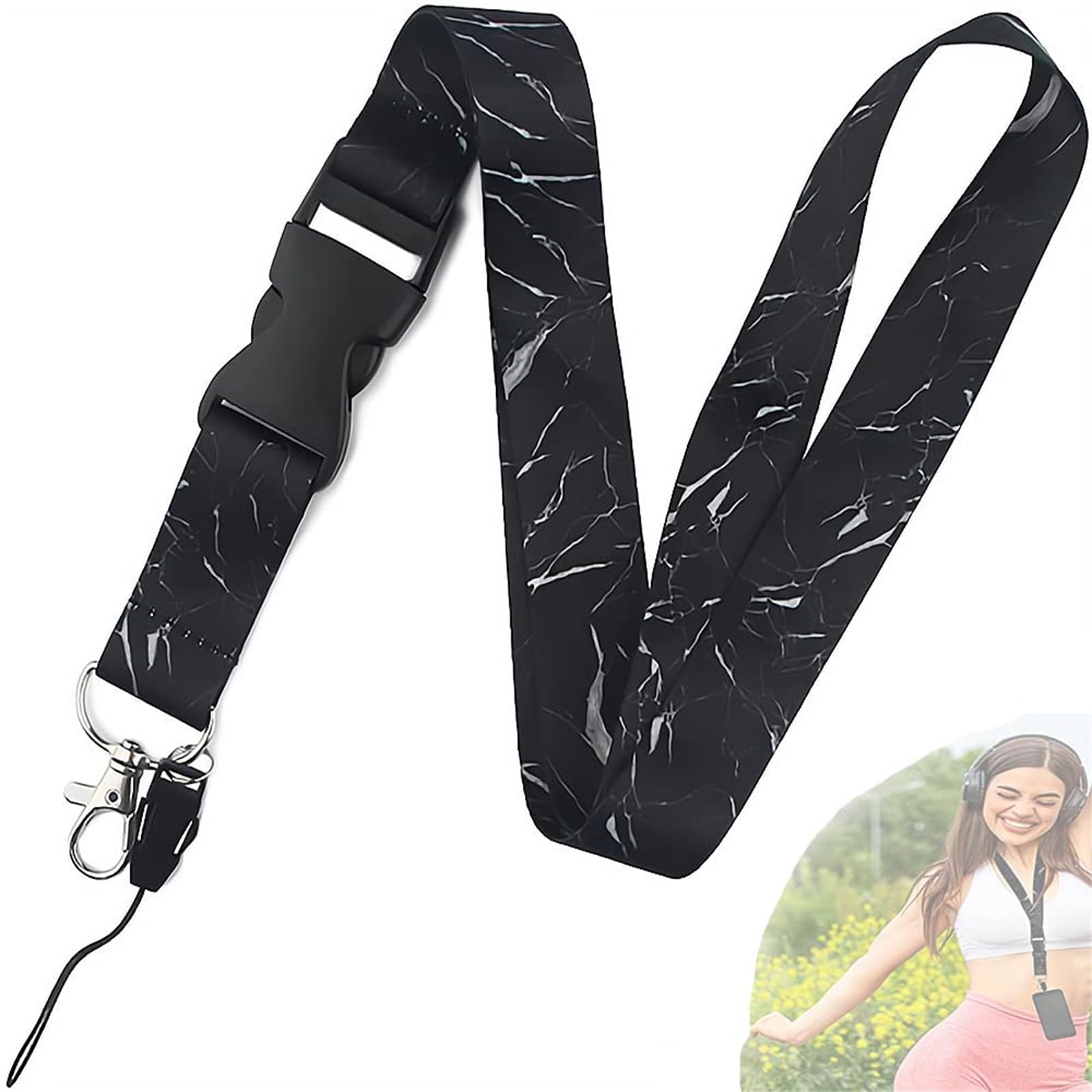 X Spring Black Marble Style Soft Fabric Neck Lanyard Card Holder, Release Detachable Buckle Keychain Lanyard Neck Strap Lanyard Strap for Keys, Phones, Bags
