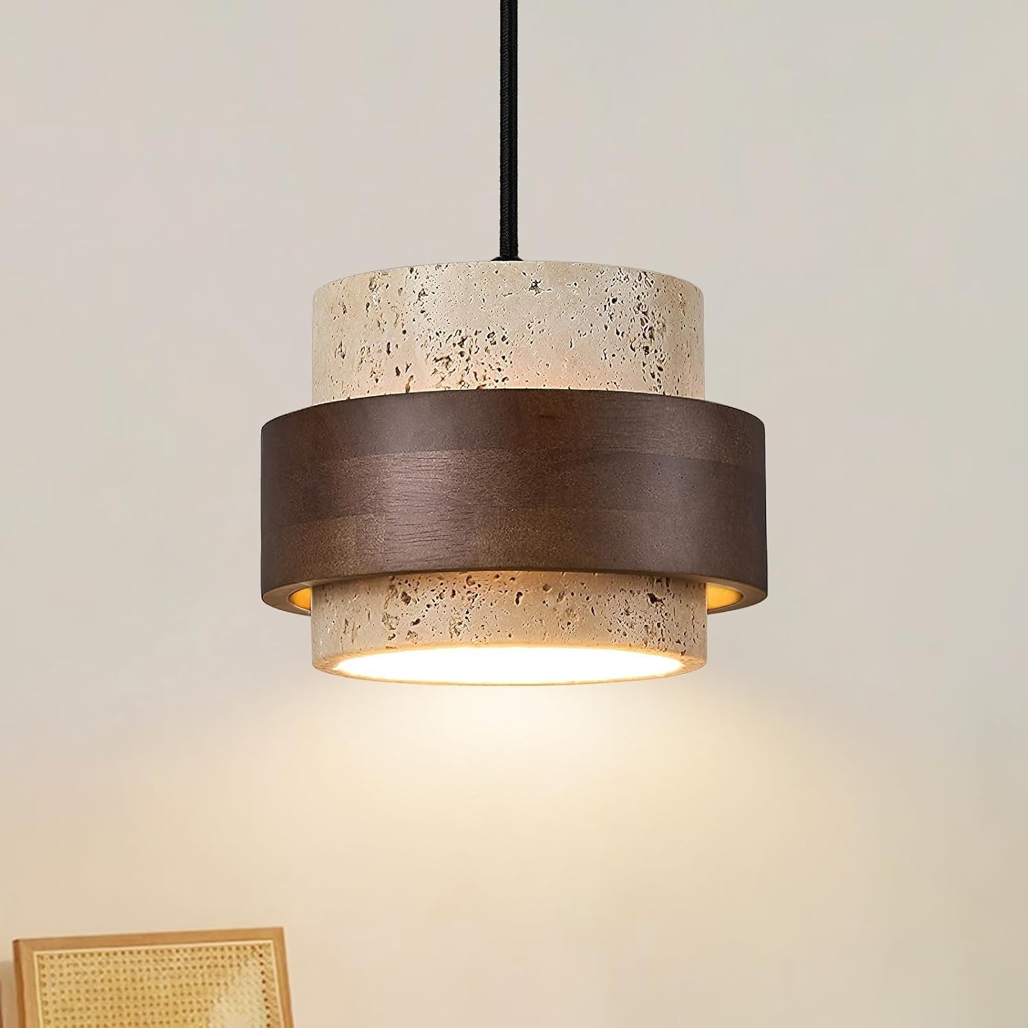 Stesulfr Nordic Natural Stone Wabi-Sabi Ceiling Pendant Light Yellow Cave Stone E27 Chandelier Vintage Farmhouse Travertine Droplight Bedside Restaurant Kitchen Dining Solid Wood Bar Kitchen