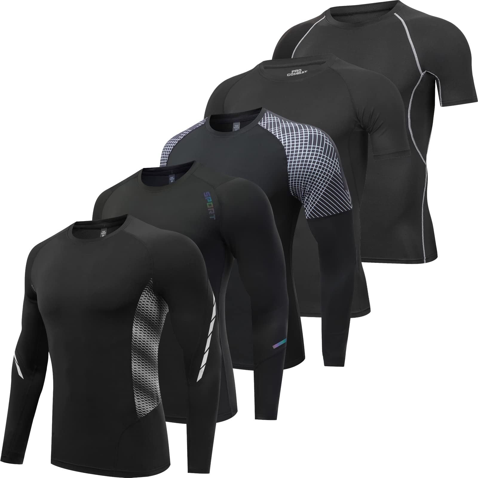 BOOMCOOL 5-Pack Men's Compression Shirts Long/Short Sleeve Athletic Base Layer Tops Workout T-Shirts for Running Fitnes