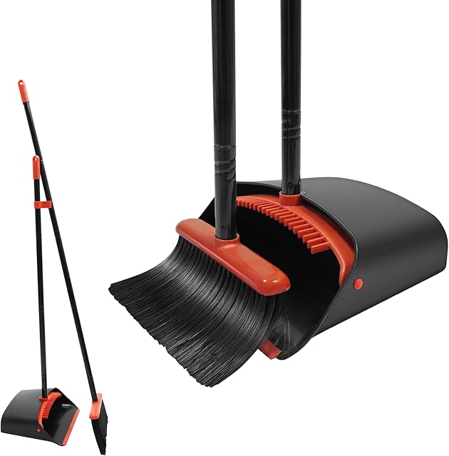 BEI & HONG Broom and Dustpan Set with Long Handle, Upright Stand Up Broom with Dustpan Combo, Heavy Duty Indoor Outdoor Broom and Dustpan Set Black for Home Kitchen Floor Use