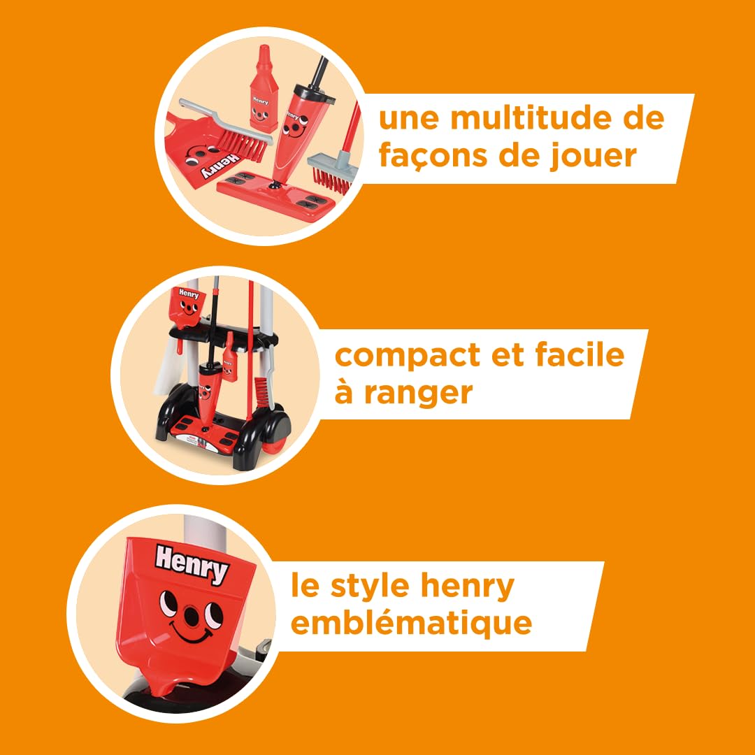 Casdon Henry & Hetty Jouets - Chariot de Nettoyage Henry - Ensemble Rouge inspiré d’Henry avec 1 serpillière, des brosses, 1 Pelle & Accessoires - Jeu pour Les Enfants âgés de 3 Ans & +