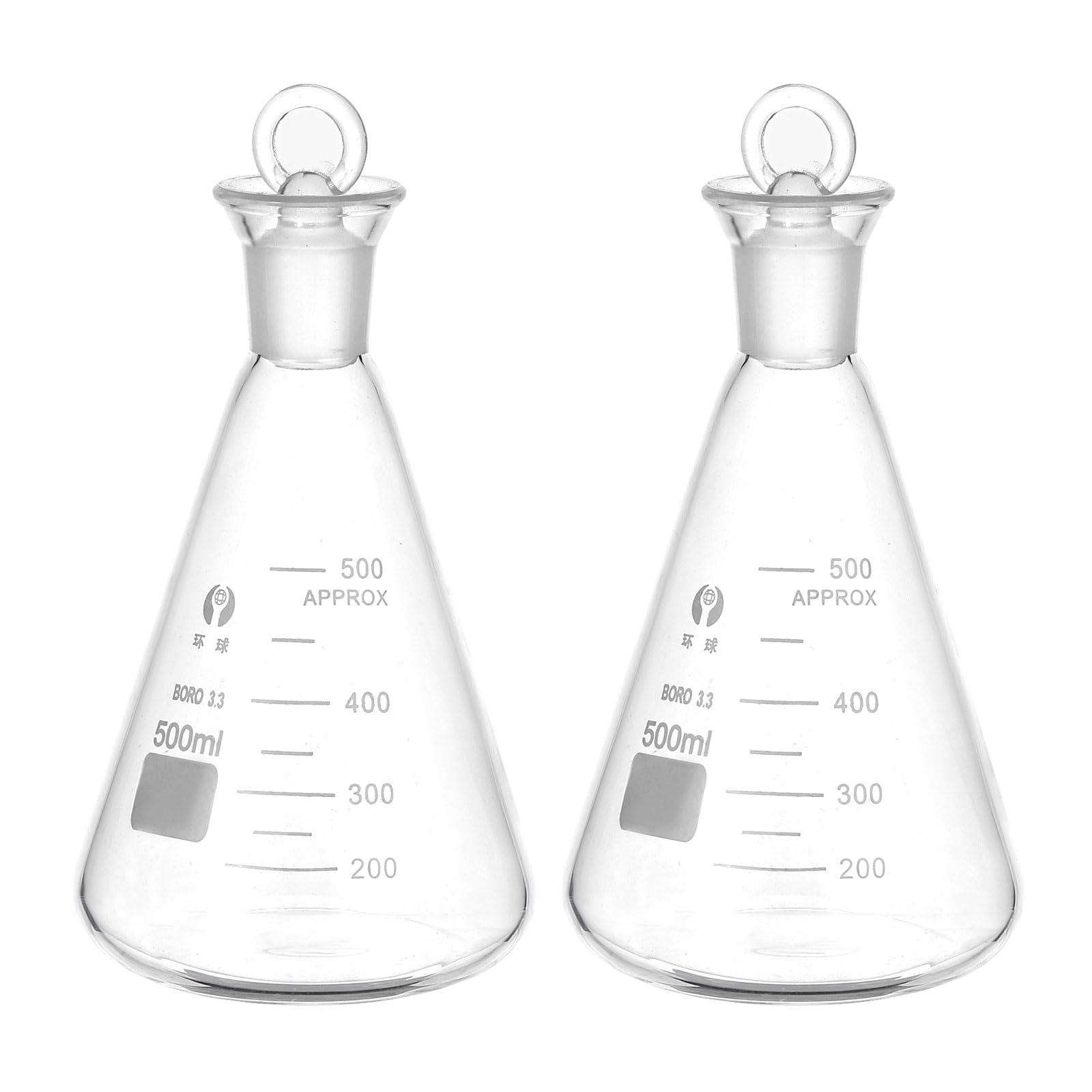 PATIKIL Pallone Di Erlenmeyer 2 Pezzi 500ml 16.9oz Bocca Stretta Con Tappo In Vetro Palloni Graduati In Vetro Borosilicato Con misura Stampata Per Esperimenti Di Chimica Scienza