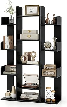 SFAREST Tree-Shaped Bookcase, 13 Tier Standing Wooden Bookshelf with Side Buffer & Anti-Tipping Devices, Storage Display Book Rack Shelving Unit for Living Room Study Office Black