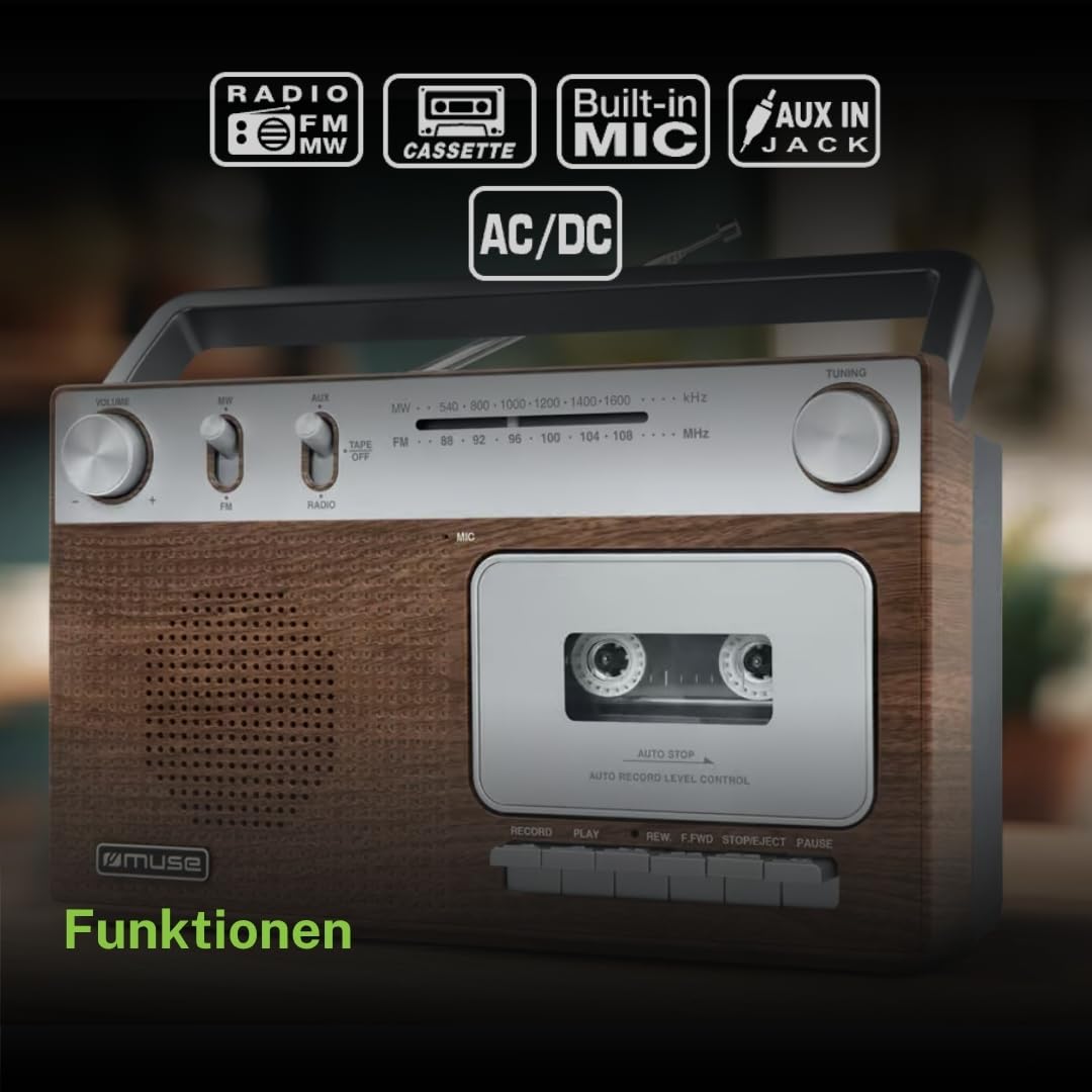 Muse M-152 RC Radio Portable avec Lecteur de Cassettes, Radio analogique FM/MW, enregistreur Cassette, Microphone intégré, entrée auxiliaire 3,5 mm, antenne télescopique, poignée de Transport