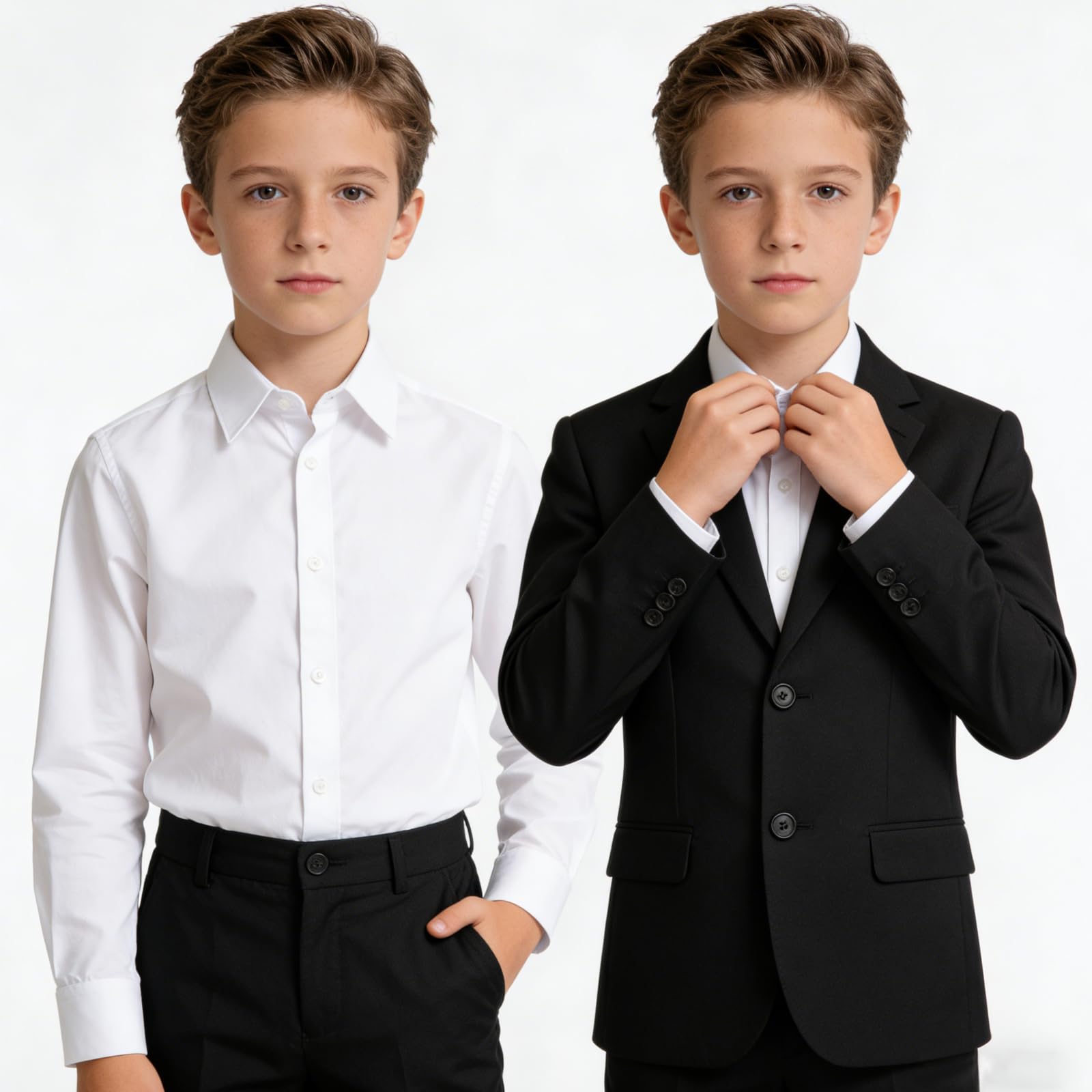 Confezione da 2 camicie bianche per la scuola a maniche lunghe, in cotone, imitazione di cotone, camicie scolastiche per bambini