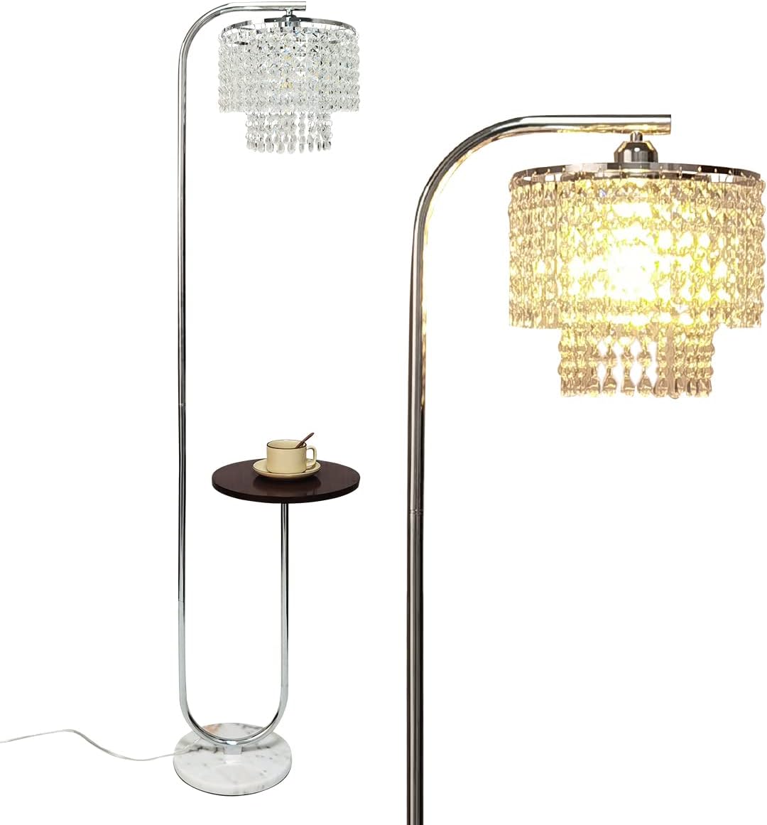 Hsyile Arc Crystal Floor Lamp for Living Room - Marble Base Modern Tall Stand Up Light with Table,Contemporary Over The Couch Chrome Lamp Standing Lamps for Bedroom Office Living Room