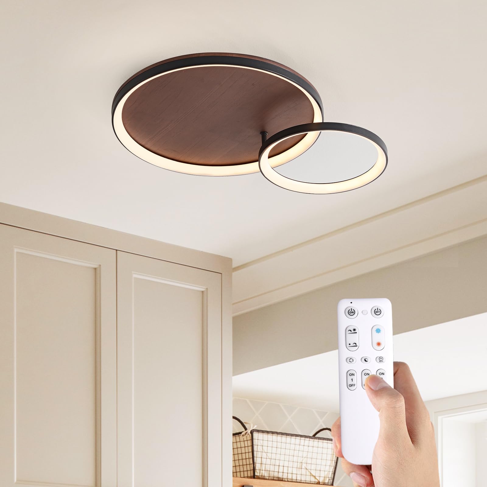 Lámpara de Techo LED de Madera, Negra Geométrico Salón Lámpara Regulable con mando a distancia, 3000K-6000K, con Luz Nocturna y Función de Memoria,42cm/28W Redonda