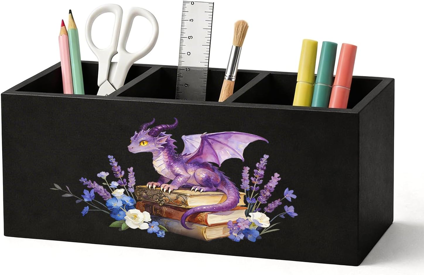 Purple Dragon Floral Book Pen Holder Organizer Desk Decor, Gifts for Books Lovers Women, Dragon Gifts Pen Pencil Holders for Reading Nook Room Library Classroom Desk Accessories