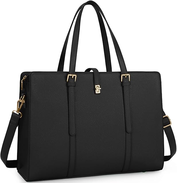 IGOLUMON Laptop Bags for Women 15.6 Inch Ladies Tote Bag Large Leather Black Laptop Handbag Designer Work Shoulder Bag for Computer Office Business School