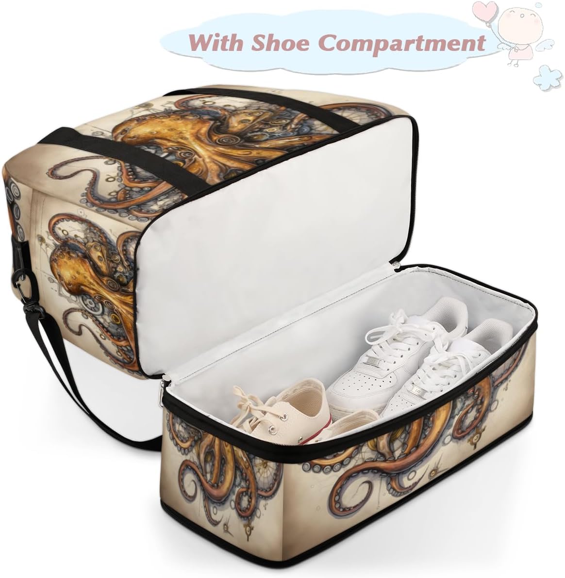QsirBC Octopuses Design Theme Gym Bag for Women Duffle Tote with Shoes Compartment Men Weekender Duffel for Dance Travel Sports Swimming Overnight
