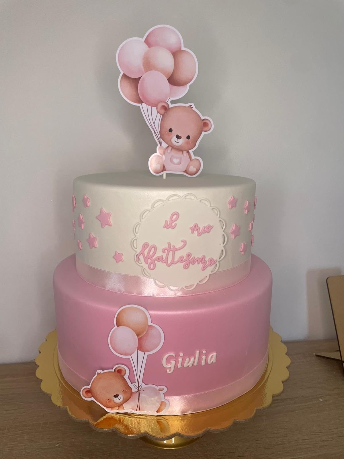 Torta Scenografica Battesimo Bimbo- Orsetto celeste - 2 piani - Torta Finta Decorativa per Feste