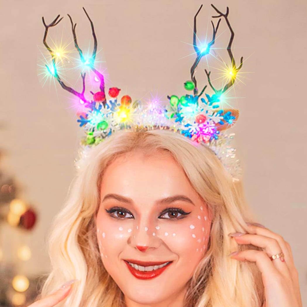 Edary Light Up Christmas Antler Headband Led elk Hairband Luminous Festival Party Headpiece Xmas Snowflakes Hair accessories for Women and Girls (Snowflakes) - Image 2
