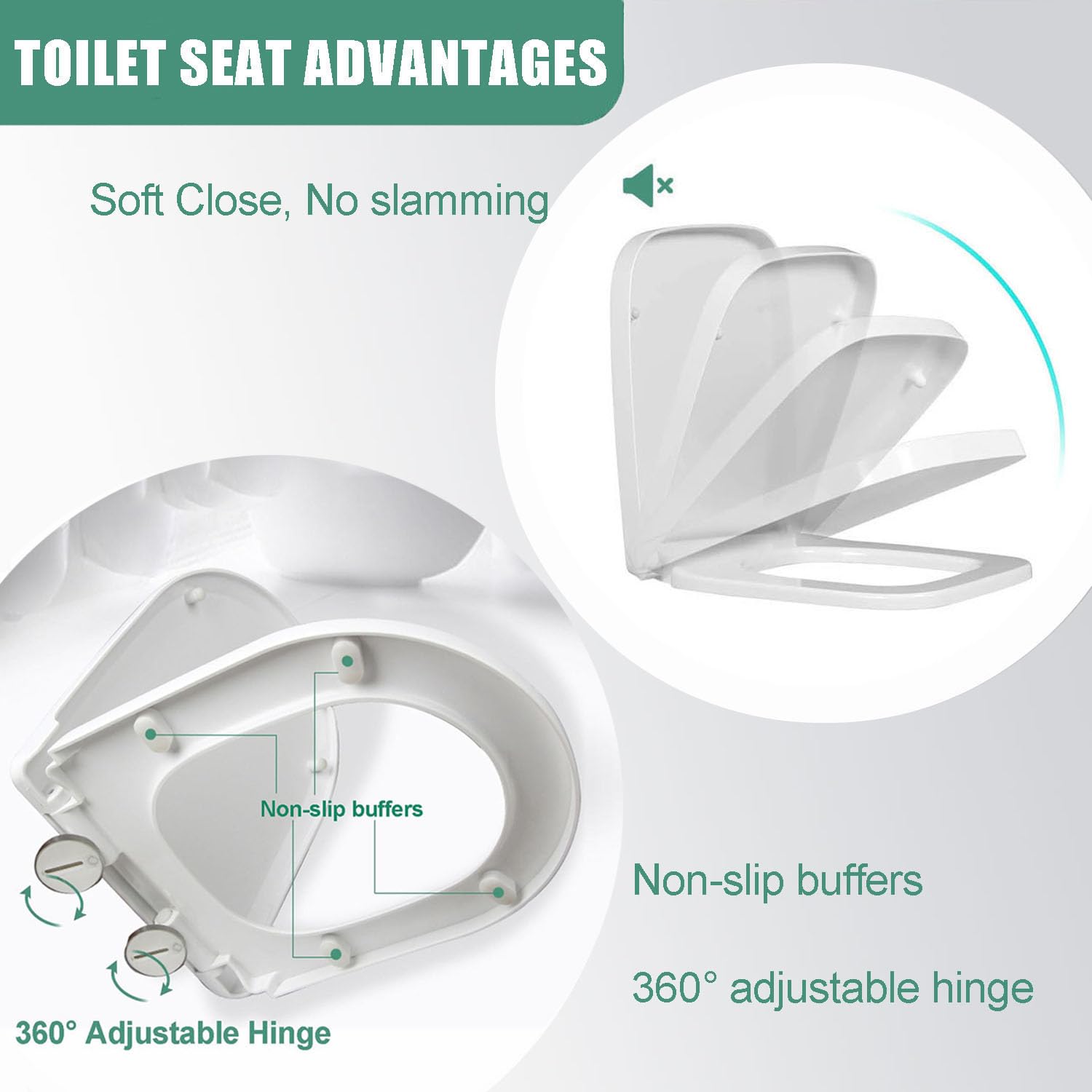 Tapa WC Rectangular. Asiento para Inodoro Cuadrada, Amplia Selección De Asientos De Inodoro De Cierre Lento,Cierre Lento, Bisagras Fuertes Fijación Superior,36 * 44cm
