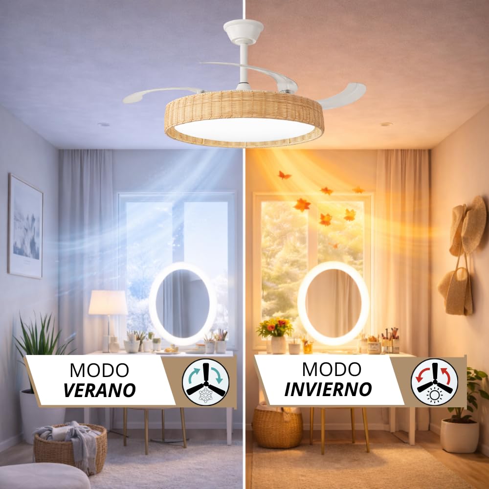 NARVI Ventilador de Techo Mimbre Haya Crema NERJA 7939 WDNL | Ø107 cm, Luz LED Regulable, Motor DC Silencioso de Bajo Consumo, Mando Incluido, 3 Aspas Retráctiles