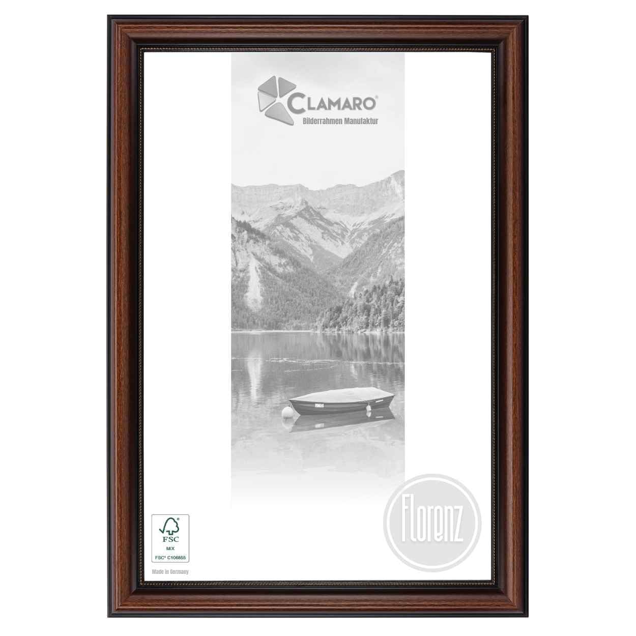 CLAMARO Florenz Bilderrahmen Barock Massivholz, Braun, 60x90 cm | Fichtenholz, handgefertigt, Acrylglasscheibe, HDF-Rückwand, Metall-Aufhänger für Hoch- und Querformat, 40 mm breit