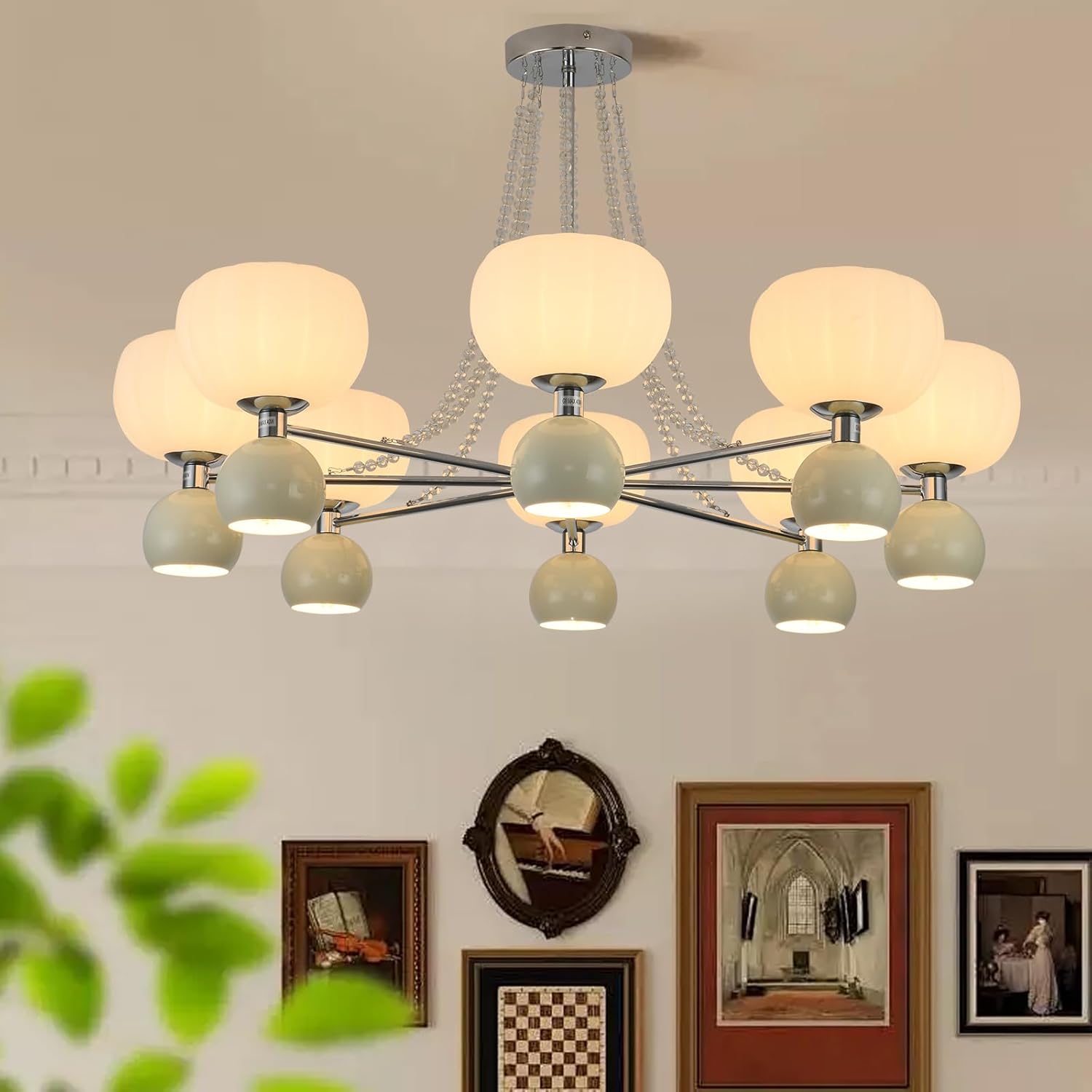 Mid Century Modern Globe & Sputnik Chandelier in Brushed Nickel with Crystal Chains,Bubble Chandelier Lighting, Pre-Assembled Round Light Fixture for Living Room,Dining Room,Entryway