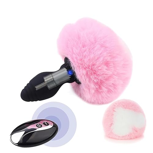 Bunny Tail Butt Plug Vibrator, Soft Silicone Anal Plug with Pink Faux Fur, Wireless Remote Control Design, Rabbit Tail Trainer for Adult Sex Toys for Role Play Cosplay Women, Men and Couples, Cute Sex - Pink