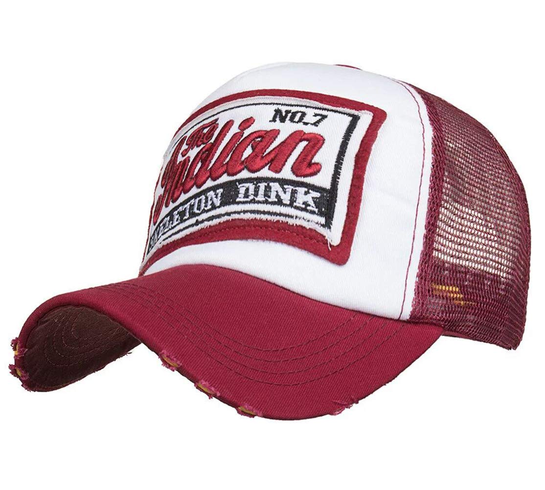 Chennuo Men's Red Vintage Distressed Mesh Baseball Cap Snapback Trucker Hat Summer Breathable Cap (Red)