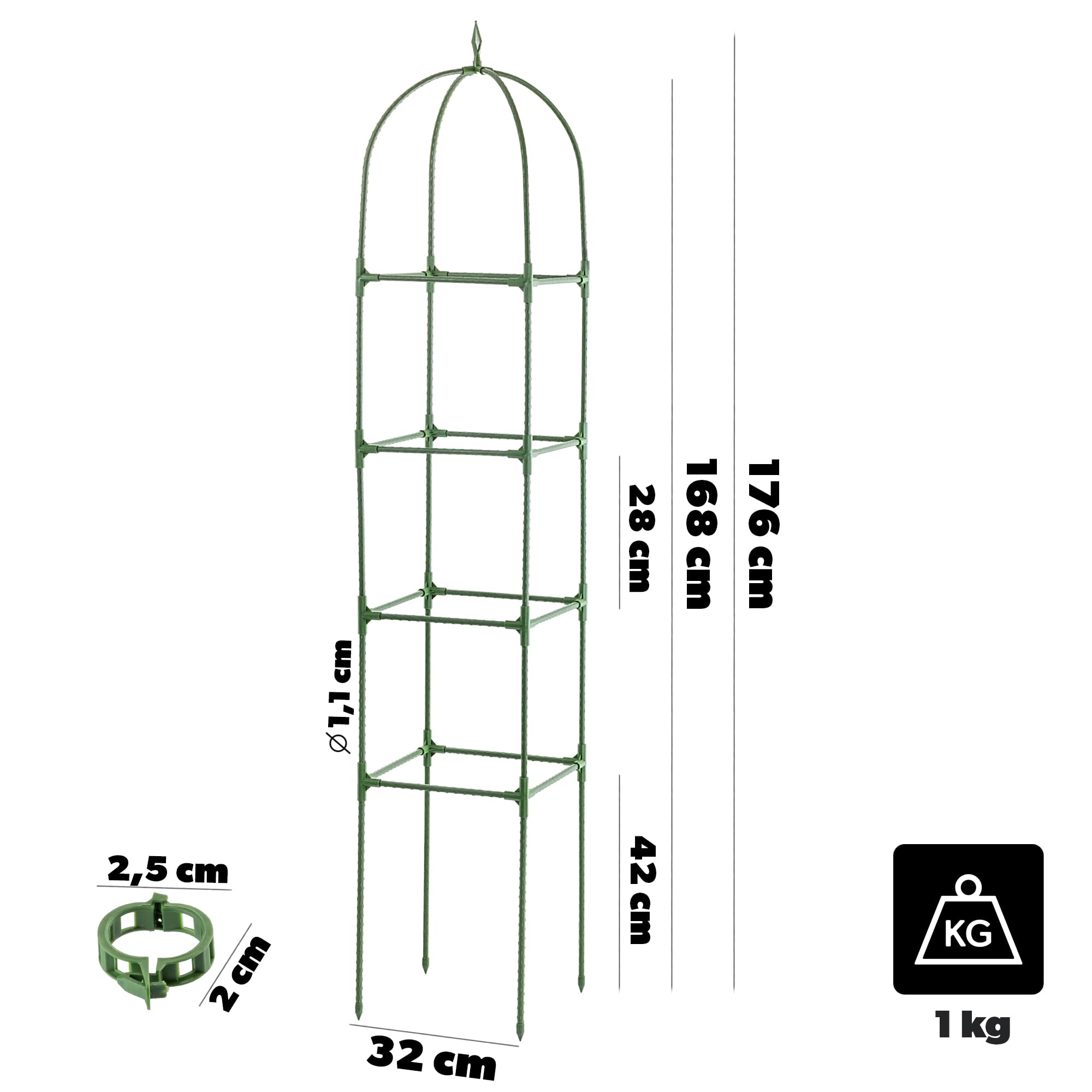 KADAX 2er Set Obelisk Rankhilfe 176 x 32 cm, Rankgitter mit 50 Pflanzenclips für Tomaten, Rosen & Kletterpflanzen, Pflanzenstützen aus Metall mit Kunststoffbeschichtung