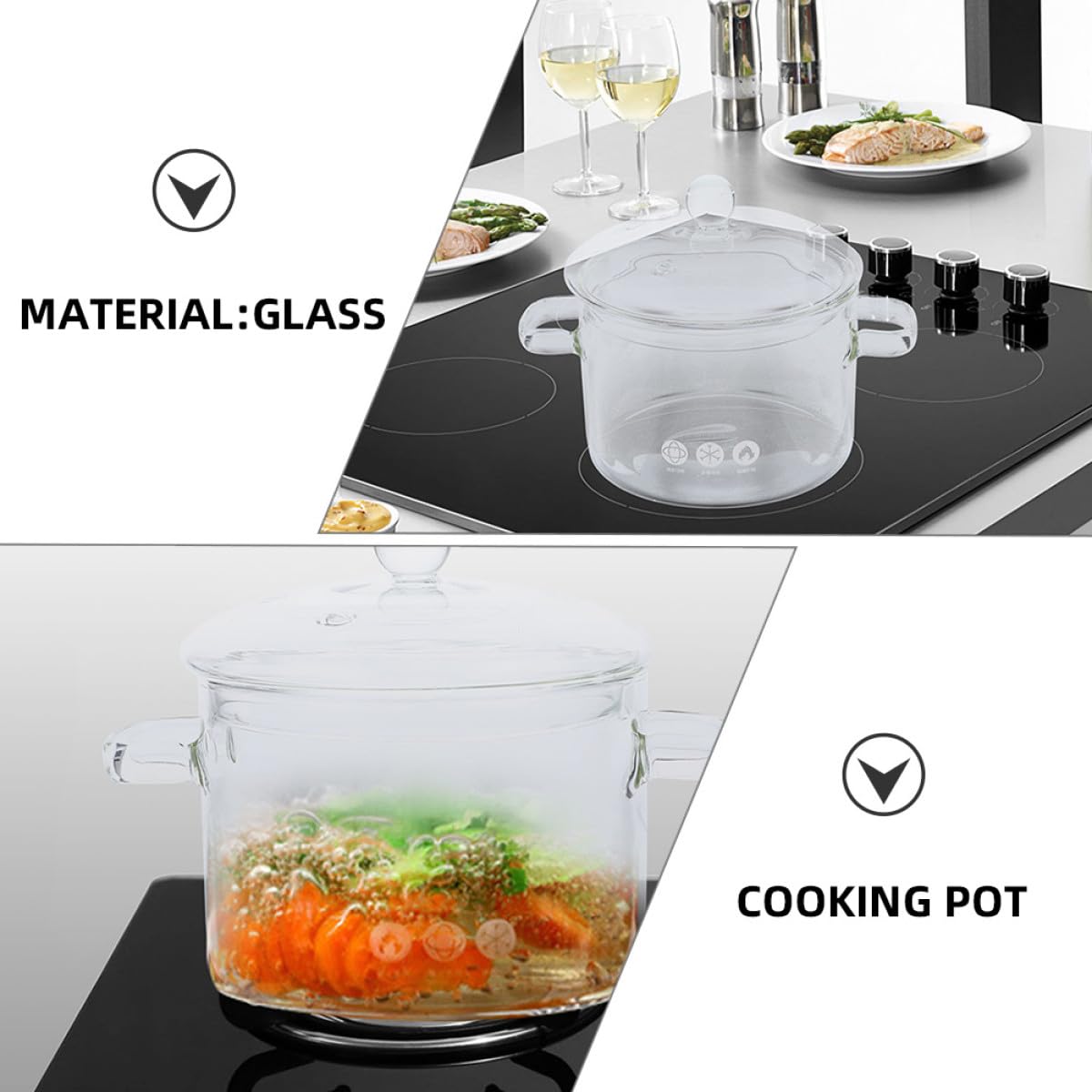 NUOBESTY Hitzebeständiger Glas Schmortopf mit Doppeltem Griff für Haushalt Induktionsgeeignet Leicht zu Reinigen zum Kochen von Nudeln und Suppe