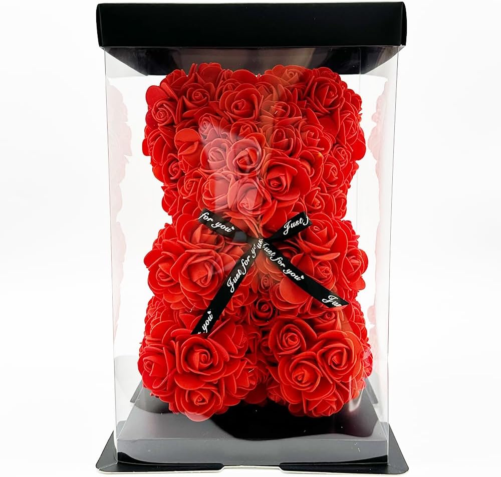 Artificial Flowers Rose Bear, Rose Teddy Bear, Forever Rose Permanent Flower for Window Display, Anniversary Christmas Valentines Gift in Clear Gift Box, Red - Image 6