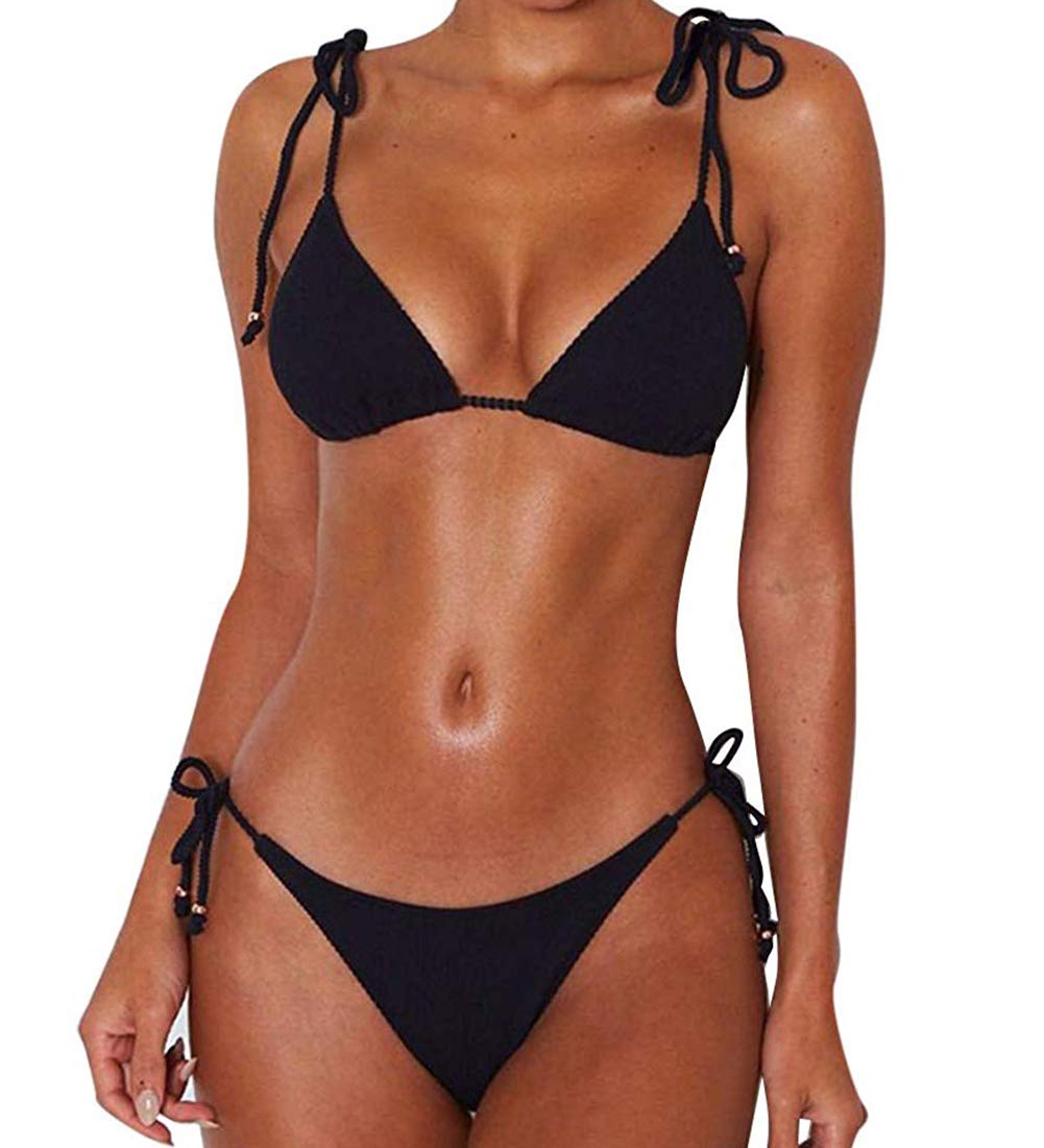 JFANWomen's Ribbed Tie Bikini Brazilian Swimsuit Spaghetti Stripes Padded Bikini Set 2 Piece Sexy Halter Top Triangle Bikini Set Beachwear