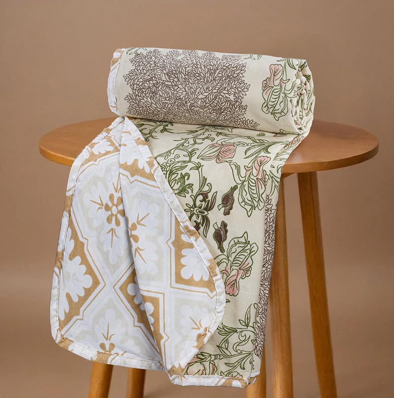 VAS COLLECTIONS Cotton 120 GSM Reversible Soft Lightweight Printed Double Bed Blanket/AC Dohar/Skin Friendly Dohar-220 x 230 cm - Green & Pink-image-36