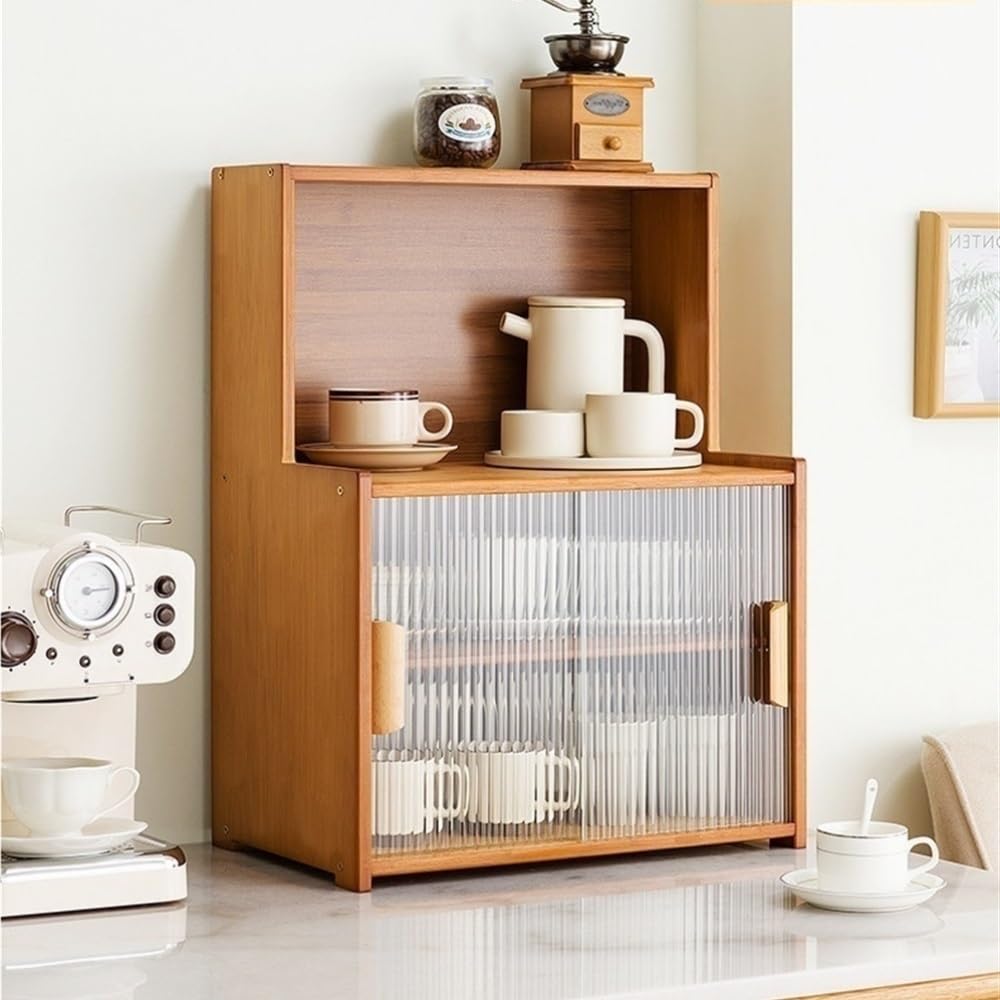 MESCXTY Freestanding Countertop Cabinet, Bamboo PantryBrown,45cm-17.7in | Small Spice Storage Cabinet with Glass Doors, Sideboard for Kitchen and Living Room Organization