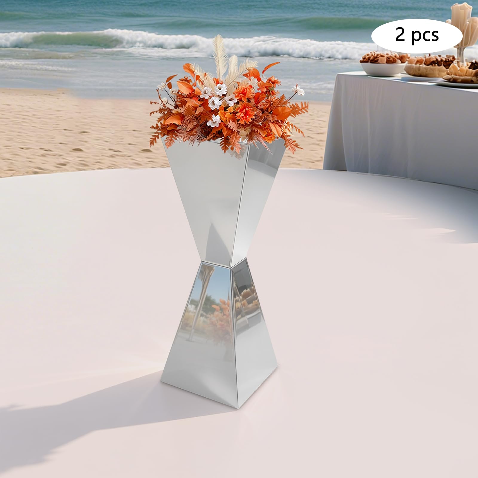 2 soportes para flores de acero inoxidable, soporte para postres, decoración de mesa (plata) | Estantería para flores, mesa de flores, superficie pulida, para bodas y eventos, 28 x 28 x 80 cm