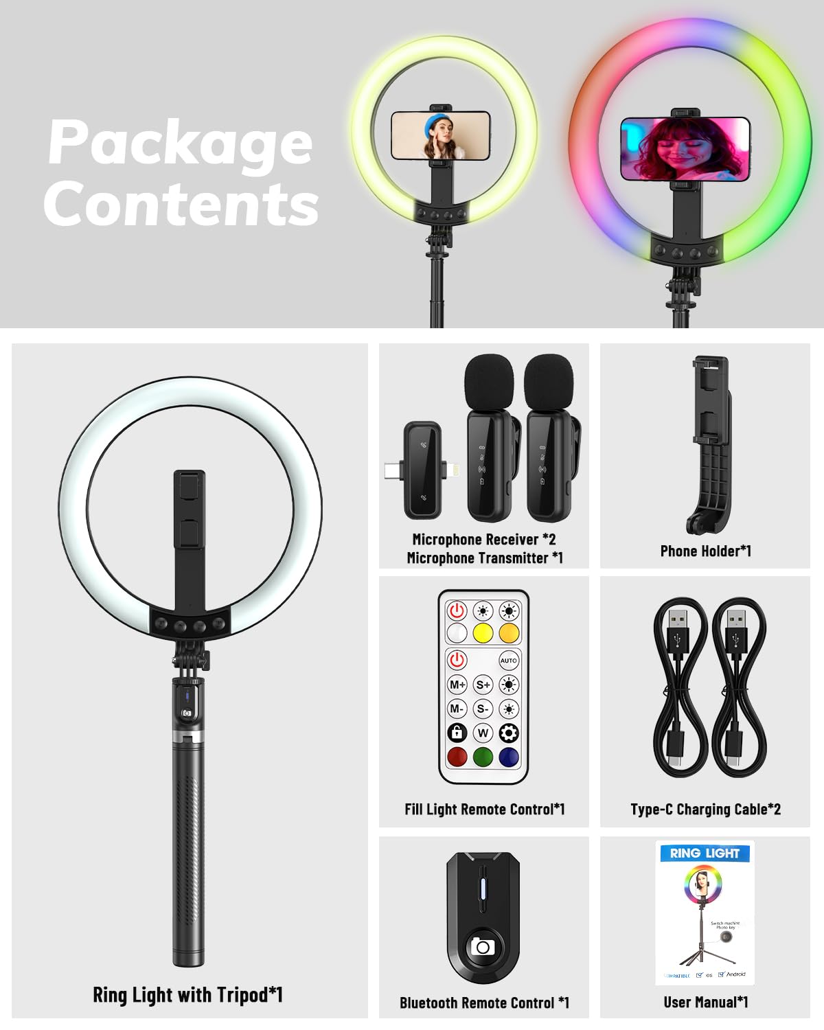 Yeaki Kit vlogging per iPhone/Android – Anello luminoso per selfie da 10 pollici con treppiede da 188 cm e supporto per telefono, treppiede per iPhone con luce e microfono, YouTube Starter Kit per