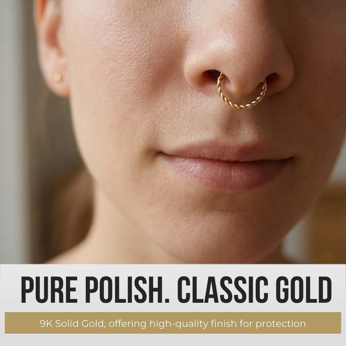 9K Solid Yellow Gold 20 Gauge, 22 Gauge Button Top Laser Cut Twister Open Hoop Nose Ring - Cartilage - Daith - Rook - Lobe - Conch Piercing Body Jewelry